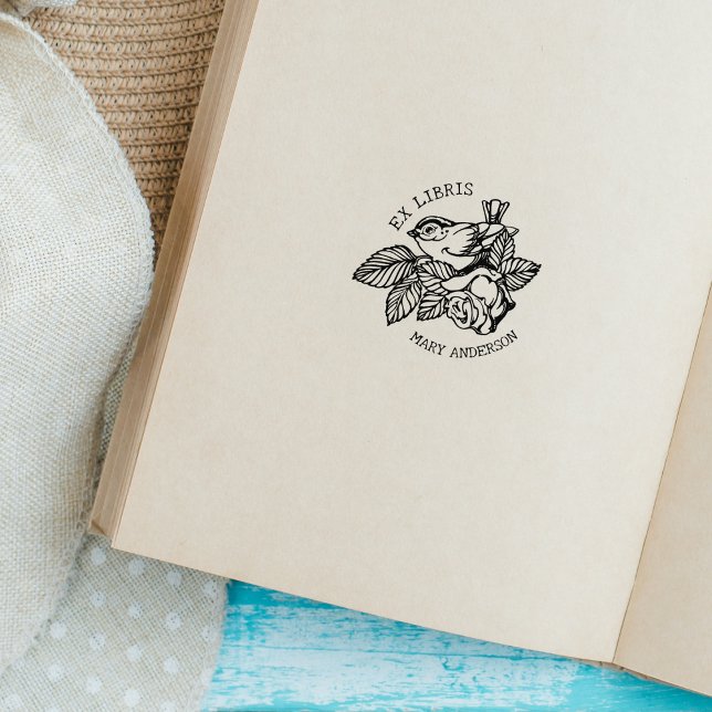 Elegant Bird with Flower Book Ex Libris  Rubber Stamp (Creator Uploaded)