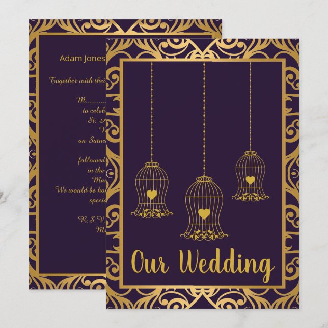 ELEGANT BIRDCAGE NAVY GOLD ABSTRACT WEDDING INVITATION (Front/Back)