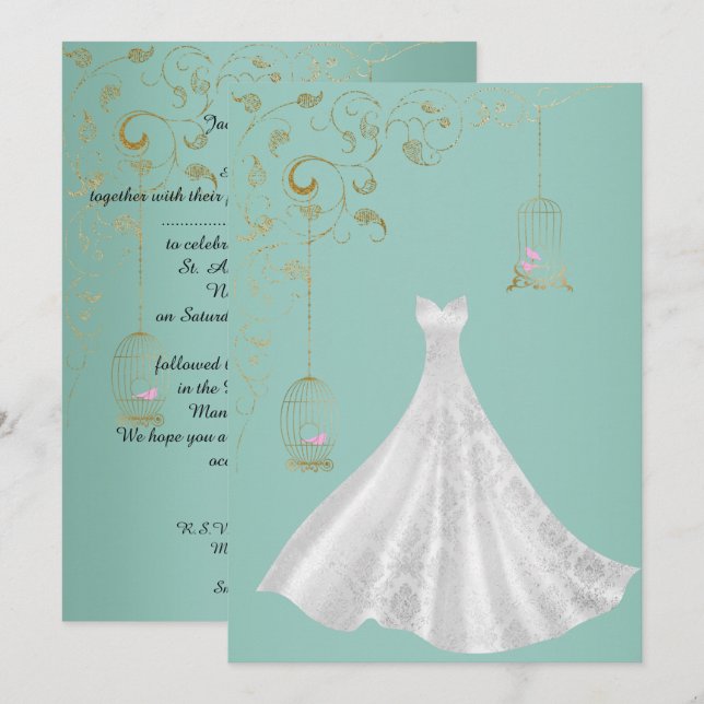ELEGANT Birdcage Simple Wedding  dress Green Invitation (Front/Back)