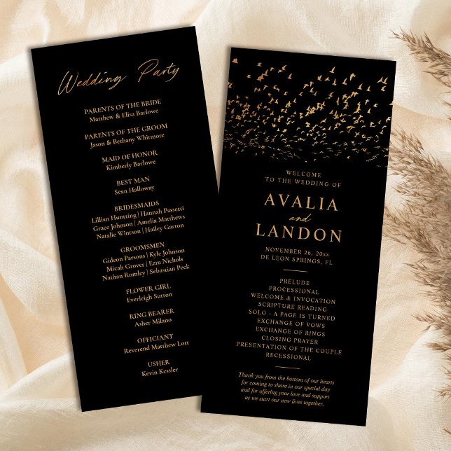 Elegant Birds Black and Gold Wedding Program (Creator Uploaded)