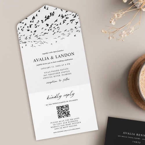 Elegant Birds Black and White Wedding QR Code All In One Invitation