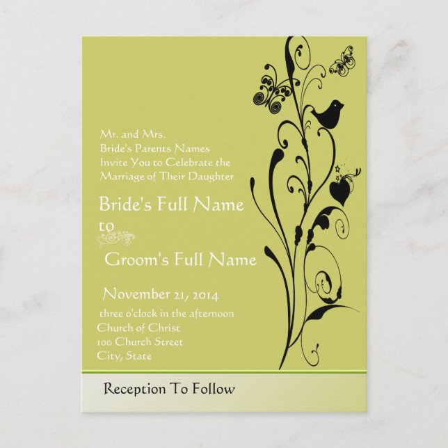 Elegant  Birds & Butterflies Wedding Invitation Postcard (Front)