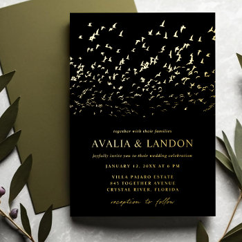 Elegant Birds Of A Feather Black And Gold Wedding Foil Invitation by Orabella at Zazzle