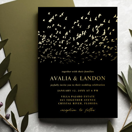 Elegant Birds Of A Feather Black And Gold Wedding Foil Invitation