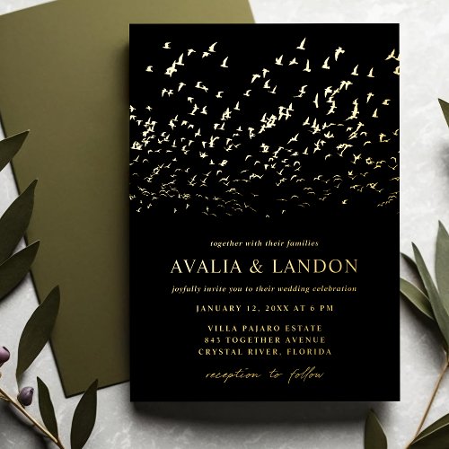 Elegant Birds of a Feather Black and Gold Wedding Foil Invitation