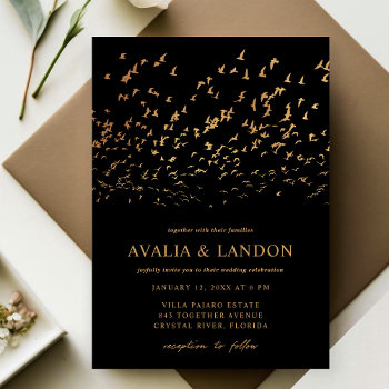 Elegant Birds Of A Feather Black And Gold Wedding Invitation by Orabella at Zazzle