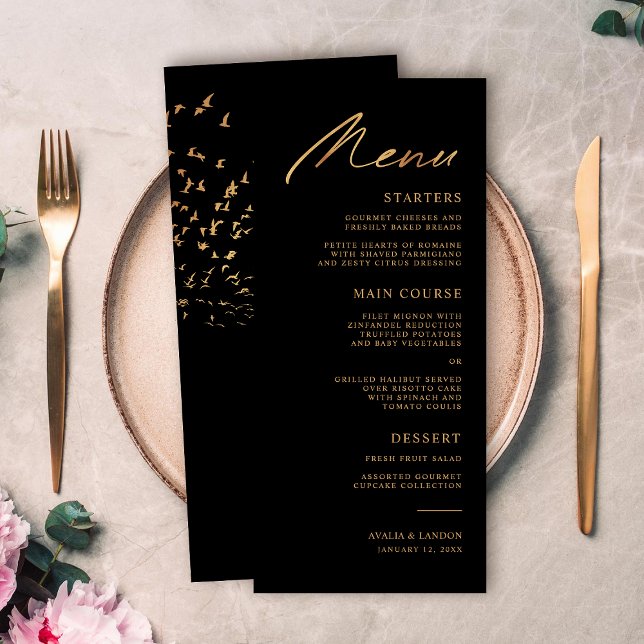 Elegant Birds of a Feather Black and Gold Wedding Menu (Creator Uploaded)