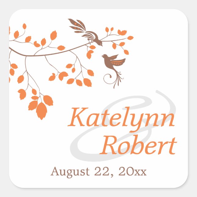 Elegant Birds On a Branch Orange and Brown Wedding Square Sticker (Front)