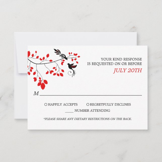 Elegant Birds On Tree Branch Red and Black RSVP (Front)