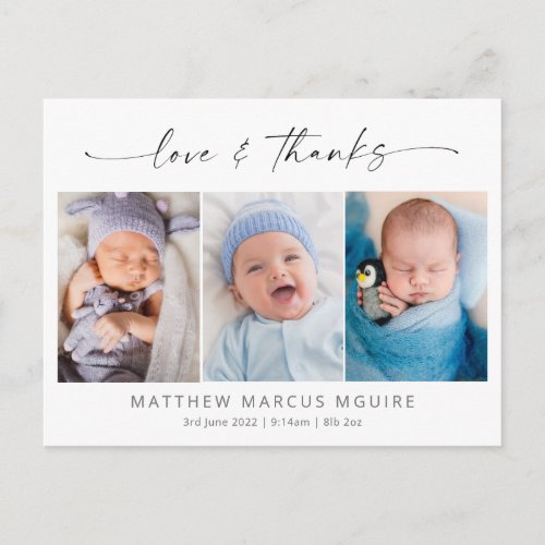 Elegant birth announcement love and thanks photo  postcard