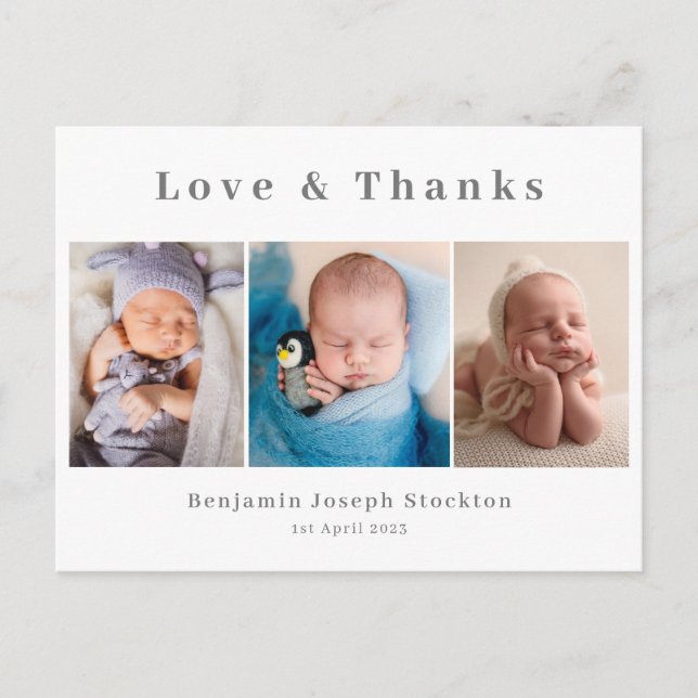 Elegant birth announcement, love and thanks  postcard (Front)