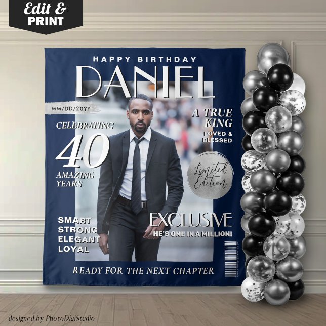 Elegant Birthday Backdrop Custom Magazine Cover (Birthday Custom Magazine Cover Backdrop for Men, Navy Blue Silver Banner Ste and Repeat Fashion)