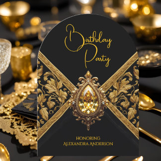 Elegant Birthday Black Gold Jewel Fabric Invitation