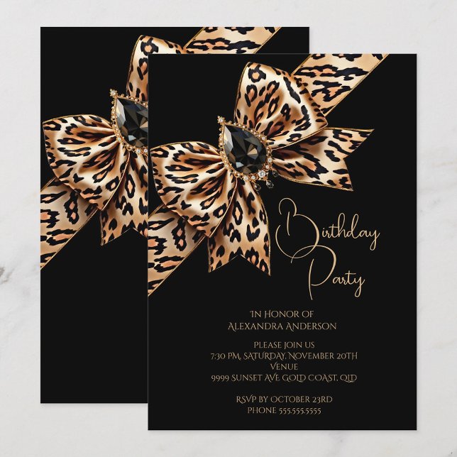 Elegant Birthday Black Gold Leopard Animal Bow Invitation (Creator Uploaded)