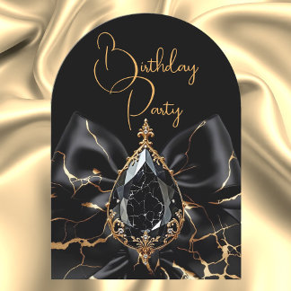 Elegant Birthday Black Marble Bow Gold Jewel Invitation