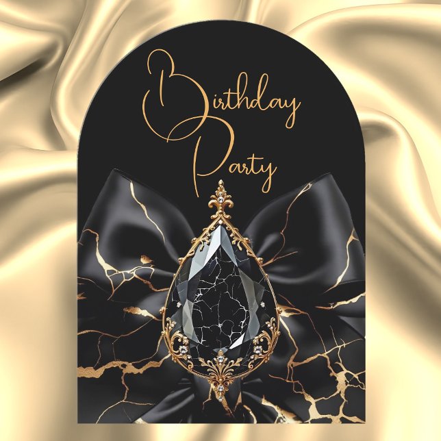 Elegant Birthday Black Marble Bow Gold Jewel Invitation (Creator Uploaded)