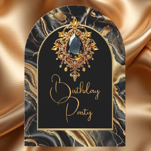 Elegant Birthday Black Marble Gold Jewel  Invitation