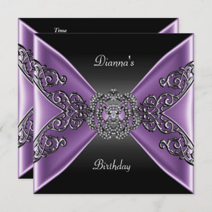 Elegant Birthday Black Purple Jewel Silver Invitation