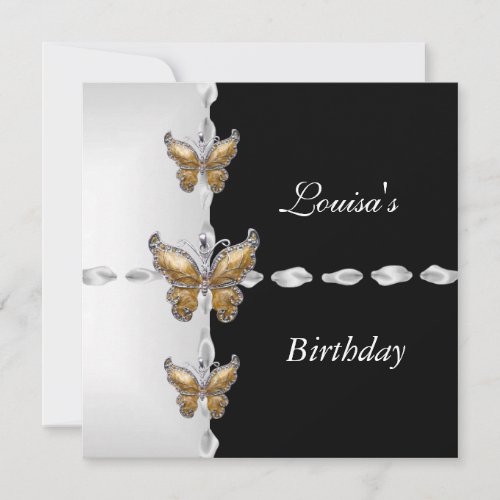 Elegant Birthday Black White Gold Bronze Butterfly Personalized Invitations