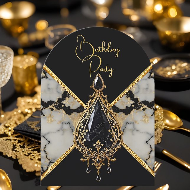 Elegant Birthday Black White Marble Gold Jewel Invitation (Creator Uploaded)
