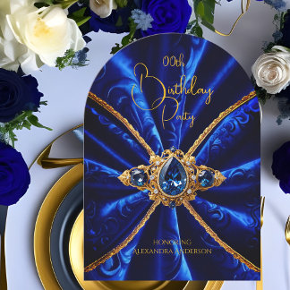 Elegant Birthday Blue Gold Jewel Faux Velvet Invitation