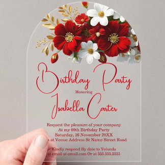 Elegant Birthday Bright Red White Gold Floral Acrylic Invitations