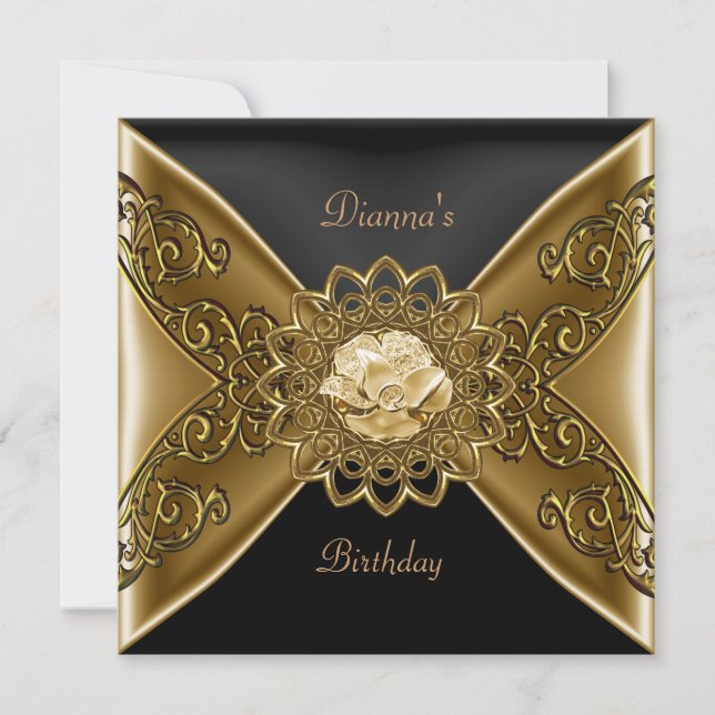Elegant Birthday Bronze On Gold Jewel Black Invitation (Front)
