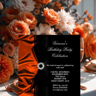 Elegant Birthday Burnt Orange Silk Look Black Invitation