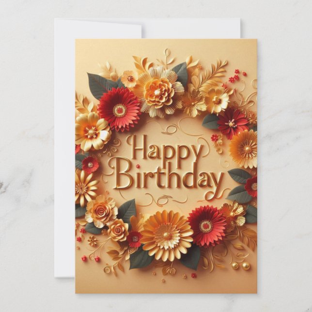 Elegant Birthday Card Golden and Red Flower Design (Front)