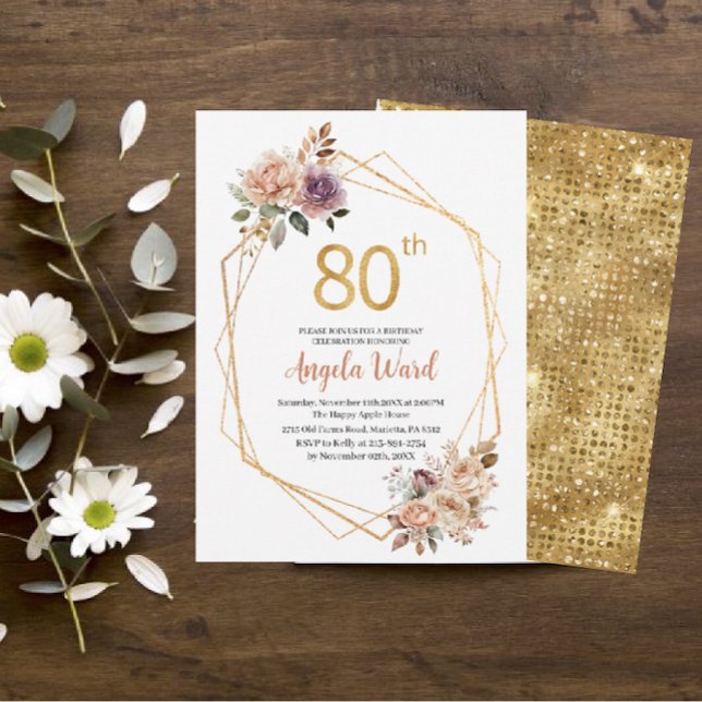 Elegant birthday celebration beige flowers glitter invitation (Creator Uploaded)