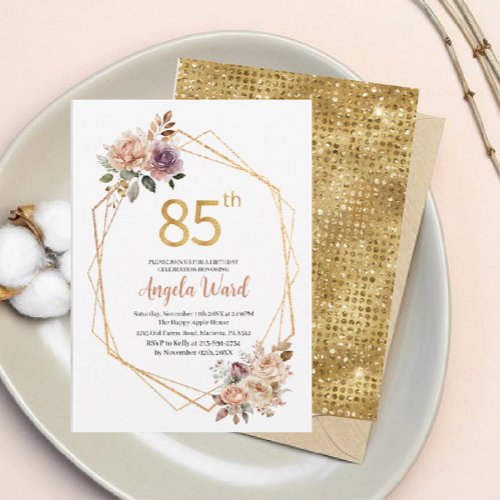 Elegant birthday celebration beige flowers glitter invitation