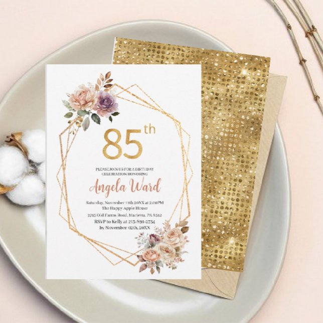 Elegant birthday celebration beige flowers glitter invitation (Creator Uploaded)