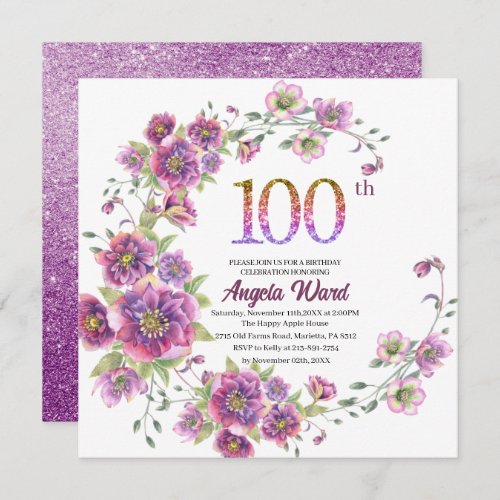 Elegant birthday celebration  floral glitter 100  invitation