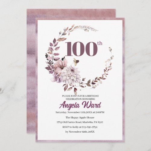 Elegant birthday celebration  floral glitter 100th invitation