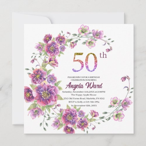 Elegant birthday celebration  floral glitter 50 th invitation