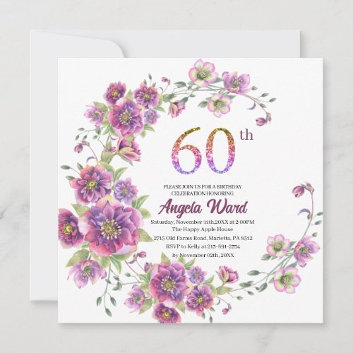 Elegant birthday celebration  floral glitter 60 th invitation