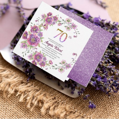 Elegant birthday celebration  floral glitter 70 th invitation