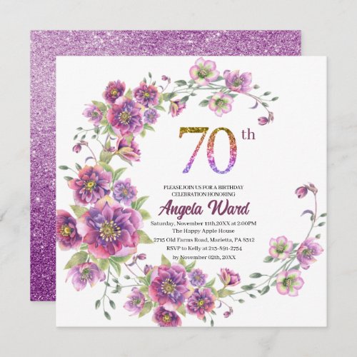Elegant birthday celebration  floral glitter 70 th invitation