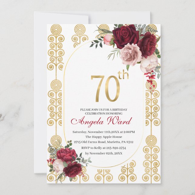 Elegant birthday celebration  floral glitter 70th  invitation (Front)
