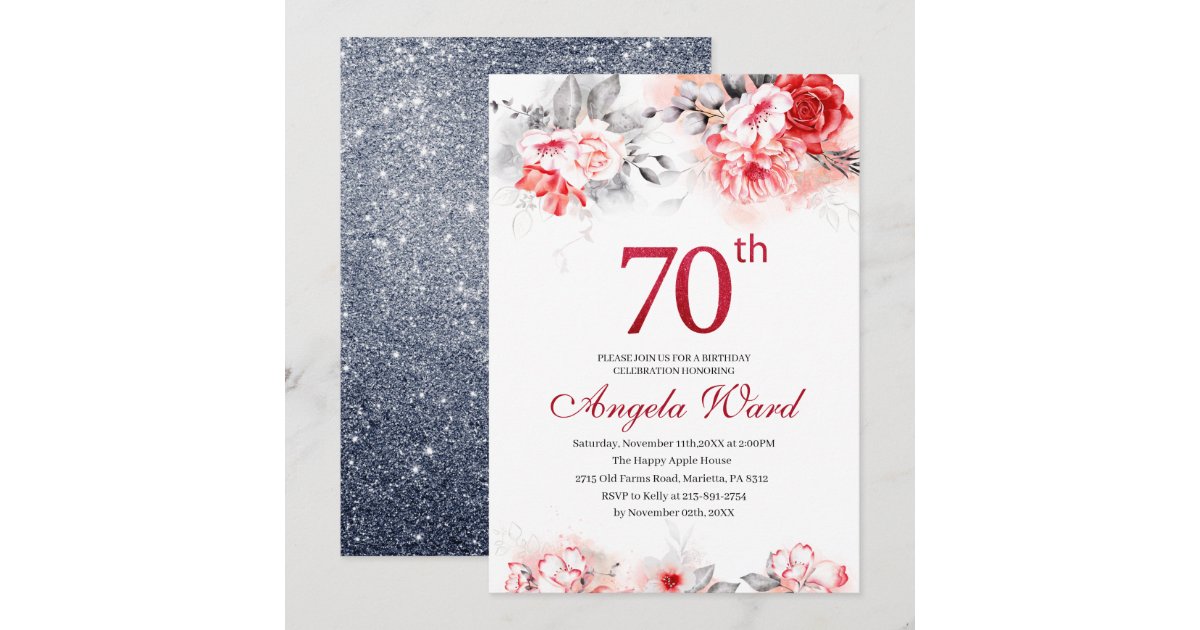 Elegant birthday celebration floral glitter 70th invitation | Zazzle