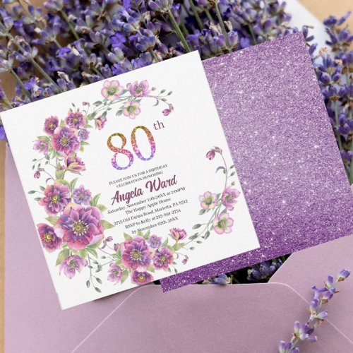 Elegant birthday celebration  floral glitter 80 th invitation