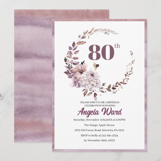 Elegant birthday celebration  floral glitter 80th  invitation (Front/Back)