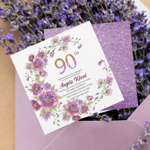 Elegant birthday celebration  floral glitter 90 th invitation