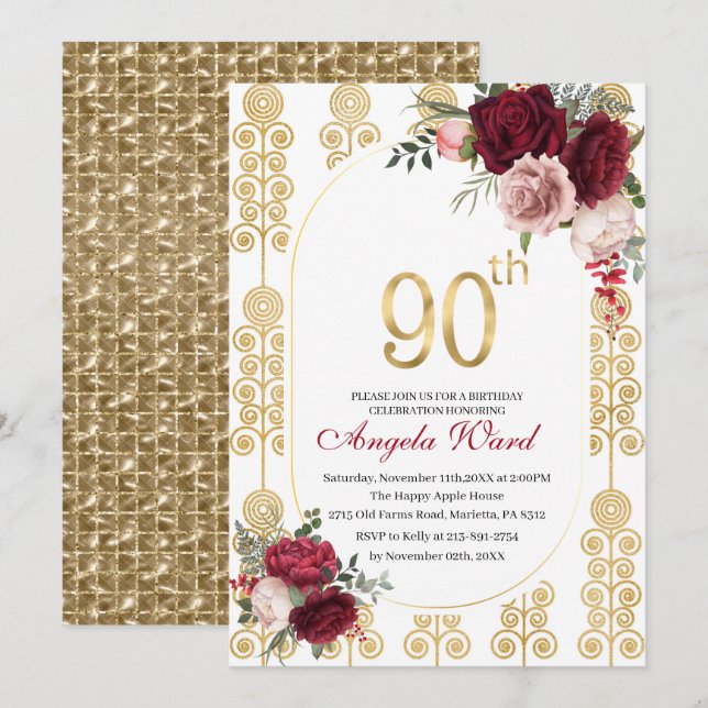 Elegant birthday celebration  floral glitter 90th  invitation (Front/Back)
