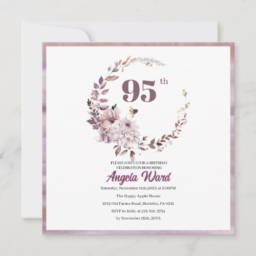 Elegant birthday celebration  floral glitter 95th invitation