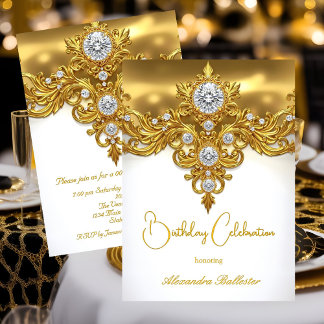 Elegant Birthday Celebration White Gold Diamonds Invitation