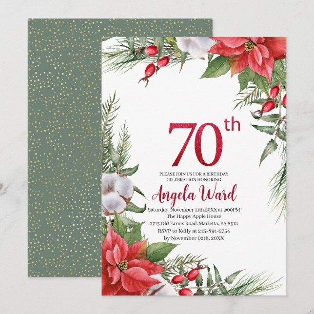 Elegant birthday celebration winter flowers glitte invitation (Front/Back)