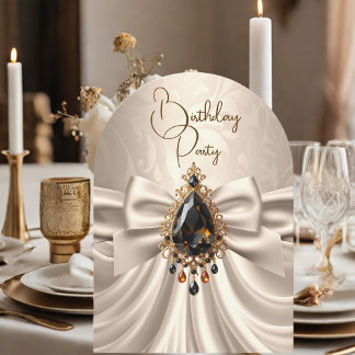 Elegant Birthday Cream Beige Gold Jewel Bow Invitation