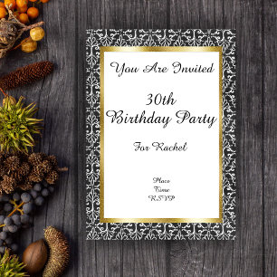 Elegant Birthday Damask Gold Frame Black White Acrylic Invitations
