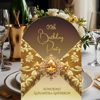 Elegant Birthday Dark Beige Gold Jewel Fabric Invitation